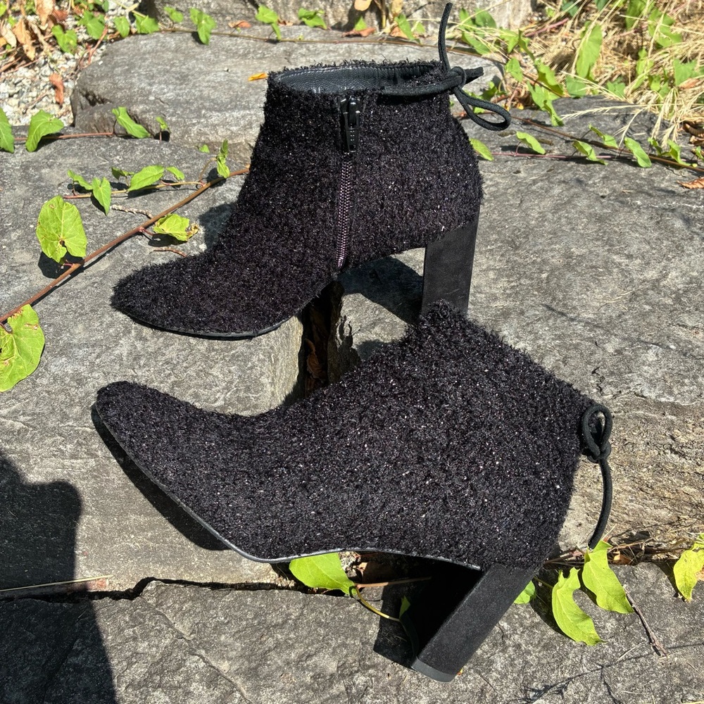Stuart Weitzman Textured Black Ankle Booties Leather Tie Sparkle